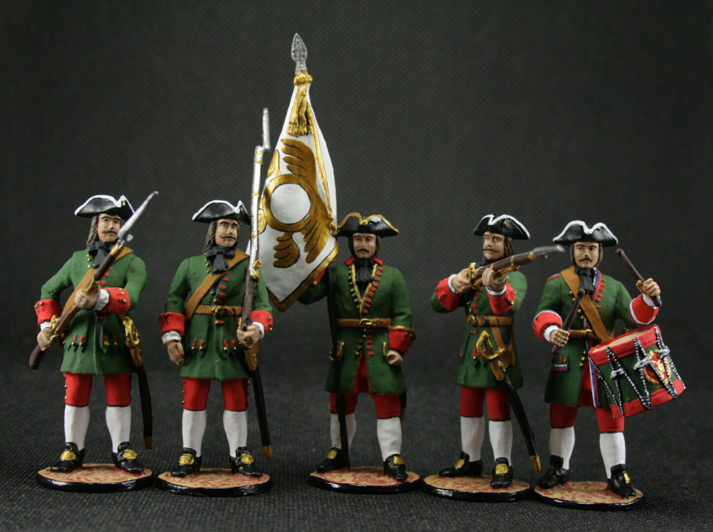 Tin toy soldier 54 mm Model Set of 5 soldiers Army of Peter I 18th century.