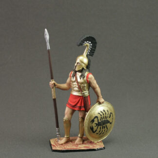 Hand-painted 54 mm Spartan Hoplite miniature from Ancient Greece, 480 BC, collectible tin toy soldier with spear and shield.