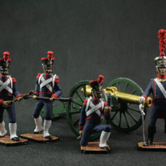 Hand-painted 54 mm Napoleonic tin soldier set with five French Foot Artillery figures and cannon, France 1812